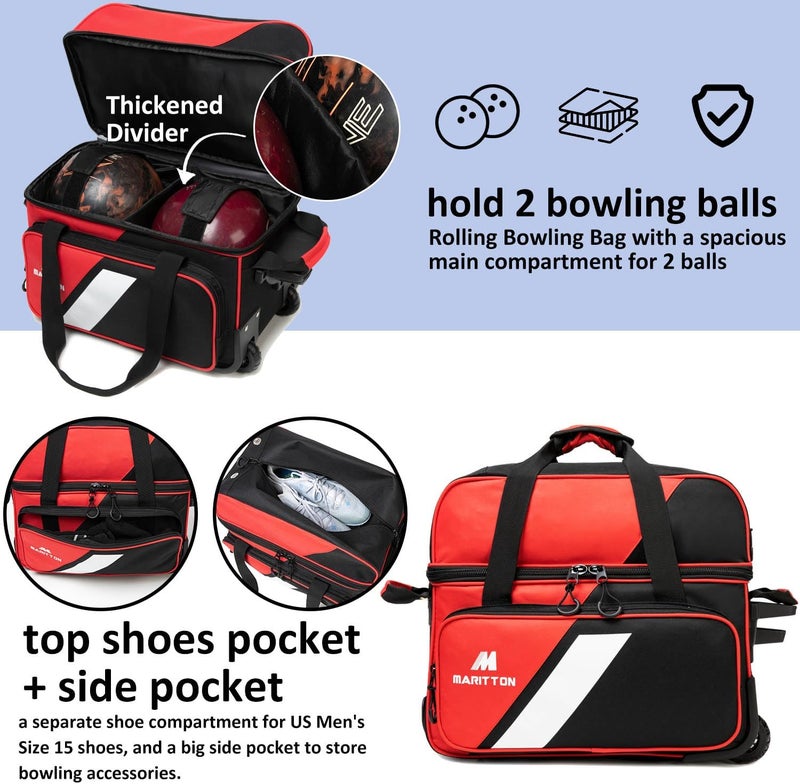 MARITTON Bowling Bag with Wheels Double Roller 2 Ball Bowling Separate Shoe Compartment and Oversized Accessory Pocket, 36.6" Extendable Handle. - Image 2
